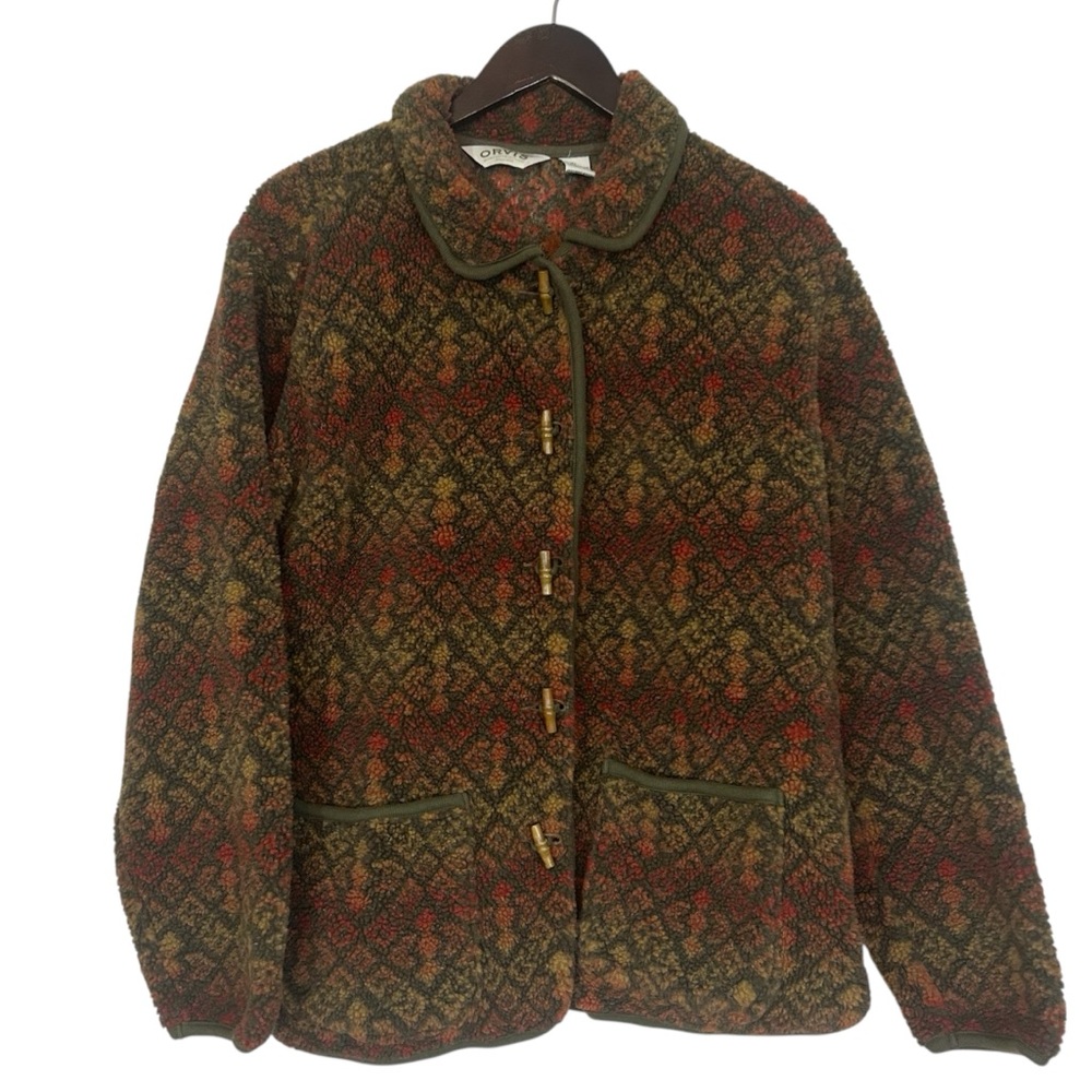 Orvis Multicolor Patterned Toggle Button Fleece J… - image 1